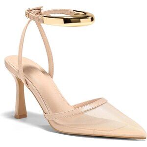 Coutgo Women's Mesh Khaki Faux Leather Closed Pointed Toe Ankle Strap Heels Pump